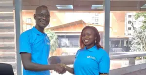 Shamim Walusimbi congratulated Peter Muswali, upon being appointed a fulltime Global Recruitment Consultant by Aldelia Global Manpower.