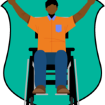 Illustration of a person in a wheelchair with arms raised, wearing an orange shirt and blue pants, set against a teal shield background.