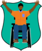 Illustration of a person in a wheelchair with arms raised, wearing an orange shirt and blue pants, set against a teal shield background.