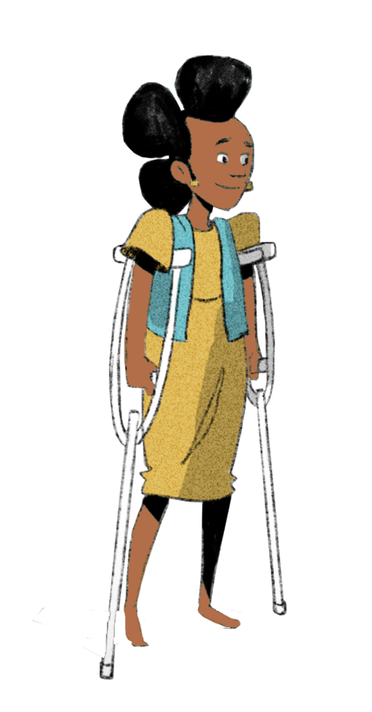 Illustration of a young girl with a funky afro, she is walking on crutches