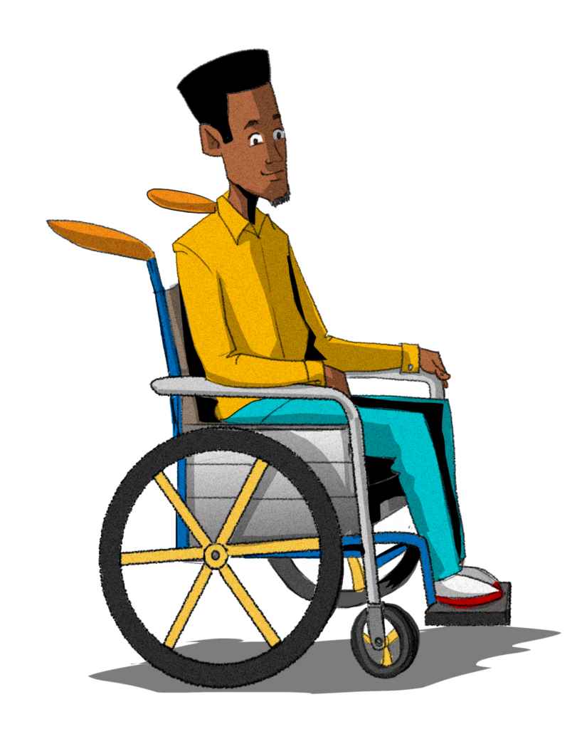Illustration of a young African man with a yellow shirt and blue pants in a wheel chair.