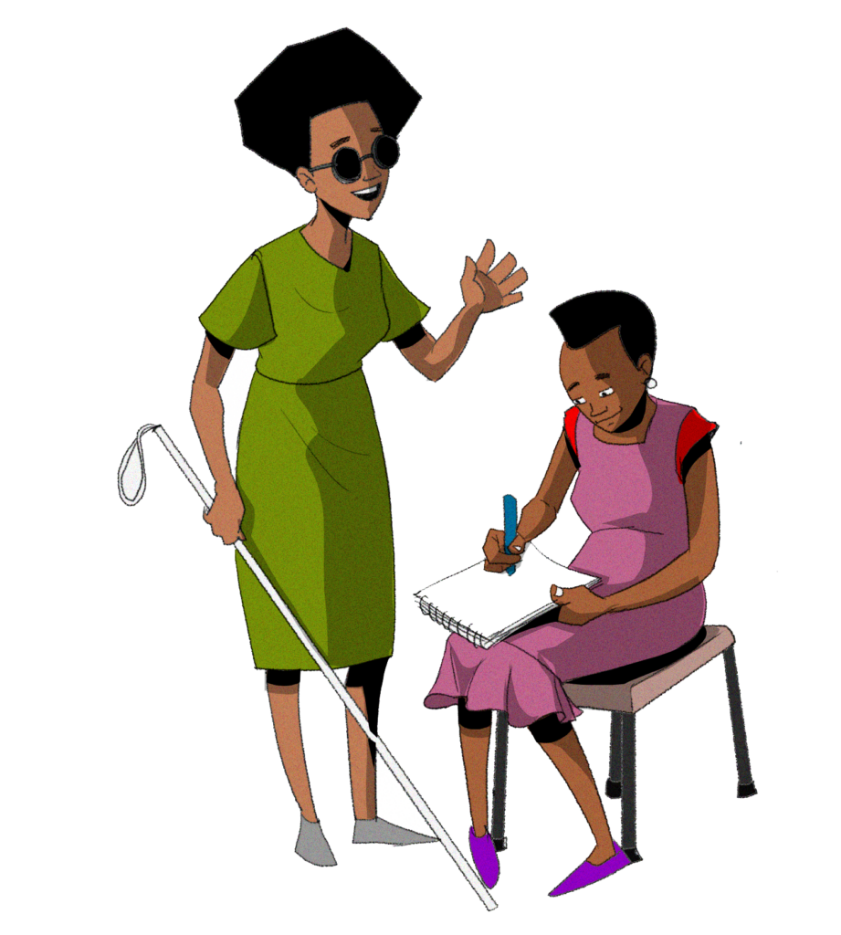 An illustration of women with a visual impairment, dark glasses in a green dress and with a cane talking to a next to women on a chair who is writing in a notebook