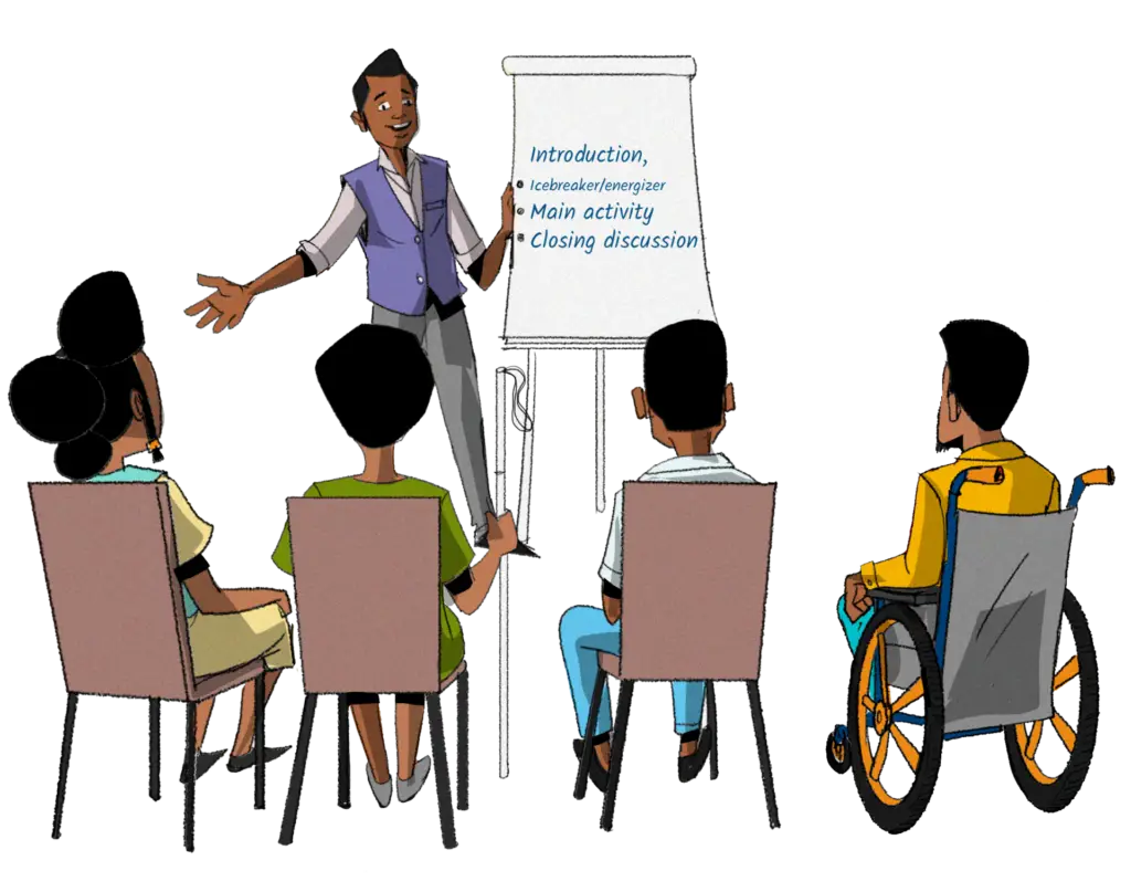 An illustration of a presentation or workshop session with an agenda outlined on a whiteboard and four participants on chairs of which one participant is in a wheelchair.