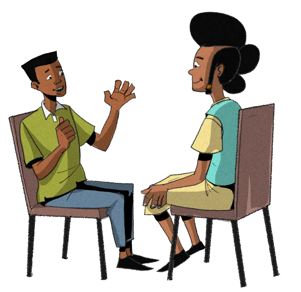 Cartoon illustration of two people engaged in conversation, depicting a discussion, counseling session, or peer education . The style is colorful and educational, aimed at youth or general audiences.