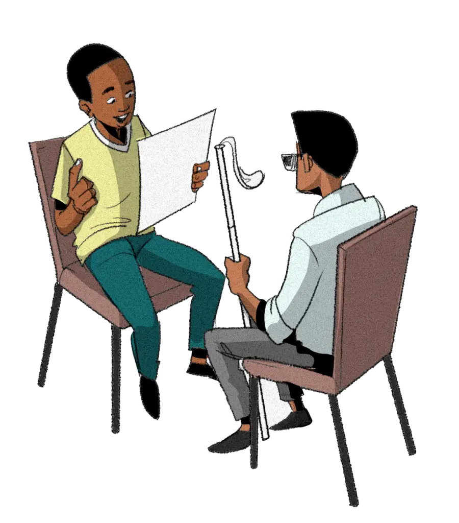 Illustration of two participants sitting in pairs facing each other. One person is speaking and reading from a paper while the other person with a visual impairment listens attentively.