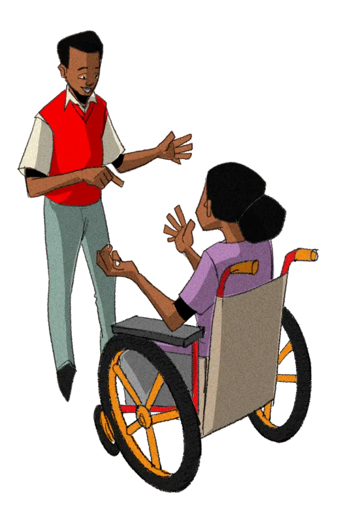 Illustration of two people standing and engaging in conversation. One person is speaking with expressive hand gestures, and the other person in a wheelchair listens and responds.