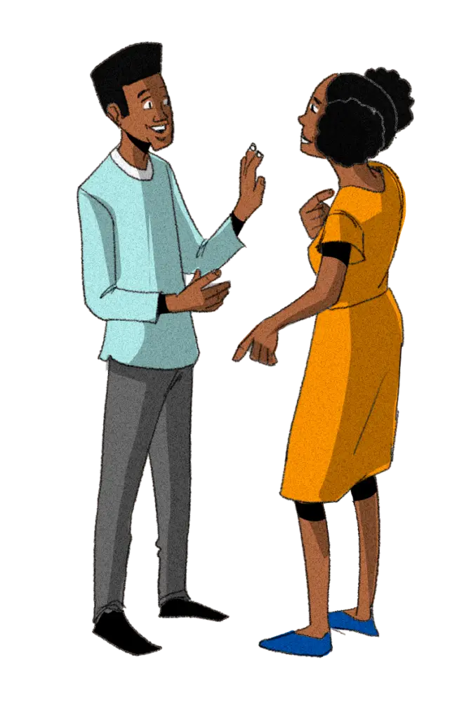 Illustration of two people standing in pairs facing each other and actively communicating. One person appears to speak while using hand gestures and the other listens and responds.