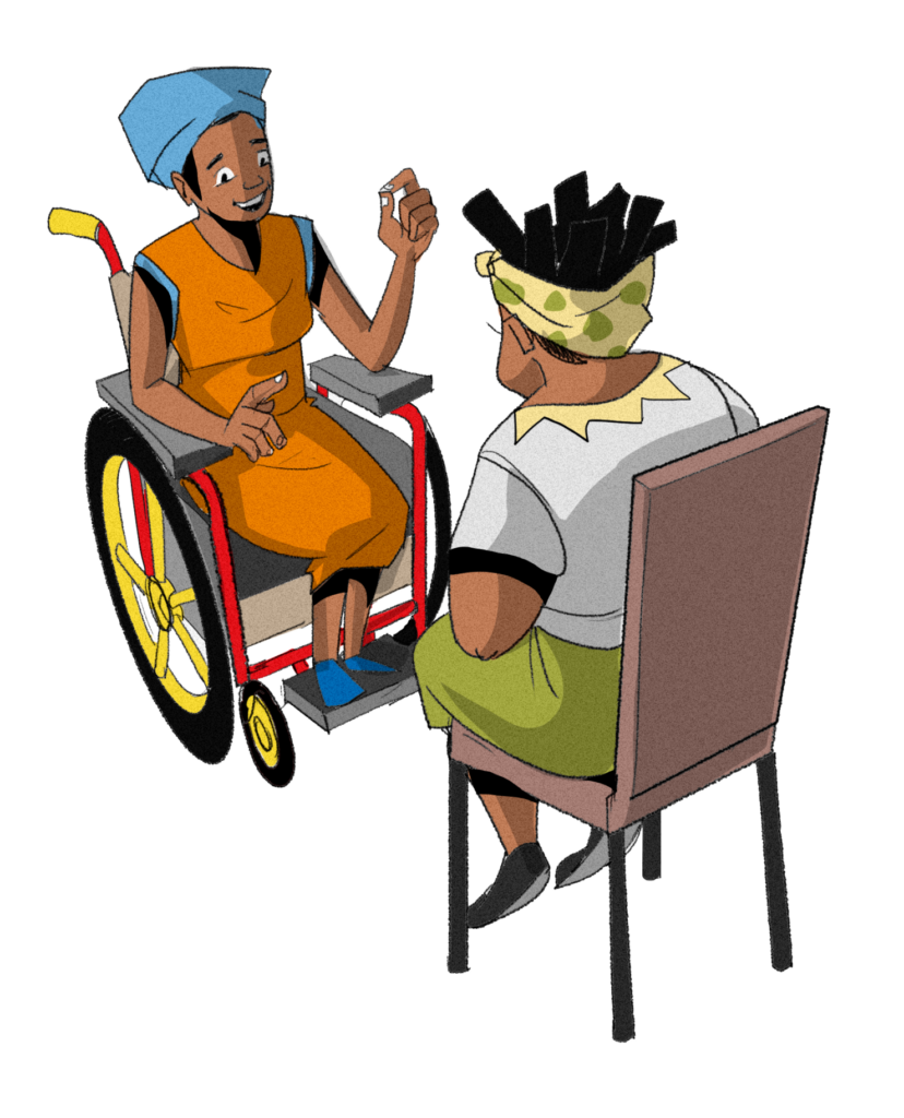 two participants sitting facing each other One is speaking and gesturing and the other is listening intently
