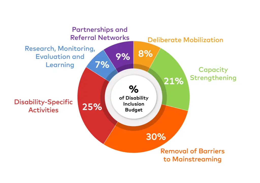 A pie chart titled: Percentage of disability Inclusion Budget The segments of the chart read: Partnerships and referral networks 9%, Deliberate Mobilization 8%, Capacity Strengthening 21%, Removal of Barriers to Mainstreaming 30%, Disability Specific Activities 25%, Research Monitoring, Evaluation and Learning 7%