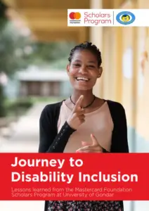 Smiling young woman stands outdoors under a shaded corridor, using sign language, with a bold red banner reading 'Journey to Disability Inclusion' in the foreground.